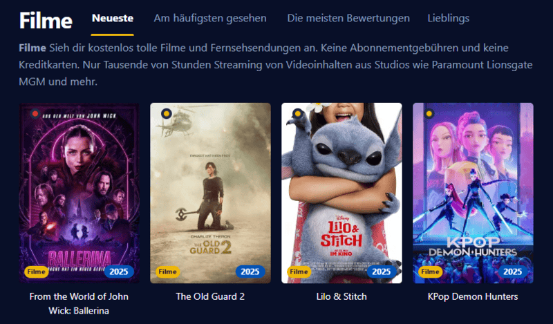 Screenshot der Filmpalast Oberfläche mit verschiedenen Filmtiteln und Serienfolgen
